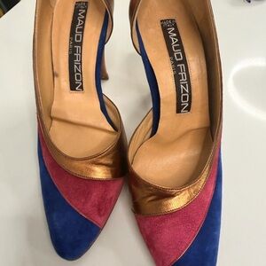 VINTAGE MAUD FRIZON Blue Pink Gold Suede & Metallic Pointed Pumps